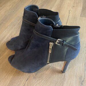MARC FISHER Navy Blue suede peep toe boots 9.5M Leather Navy Shoes Flawed!